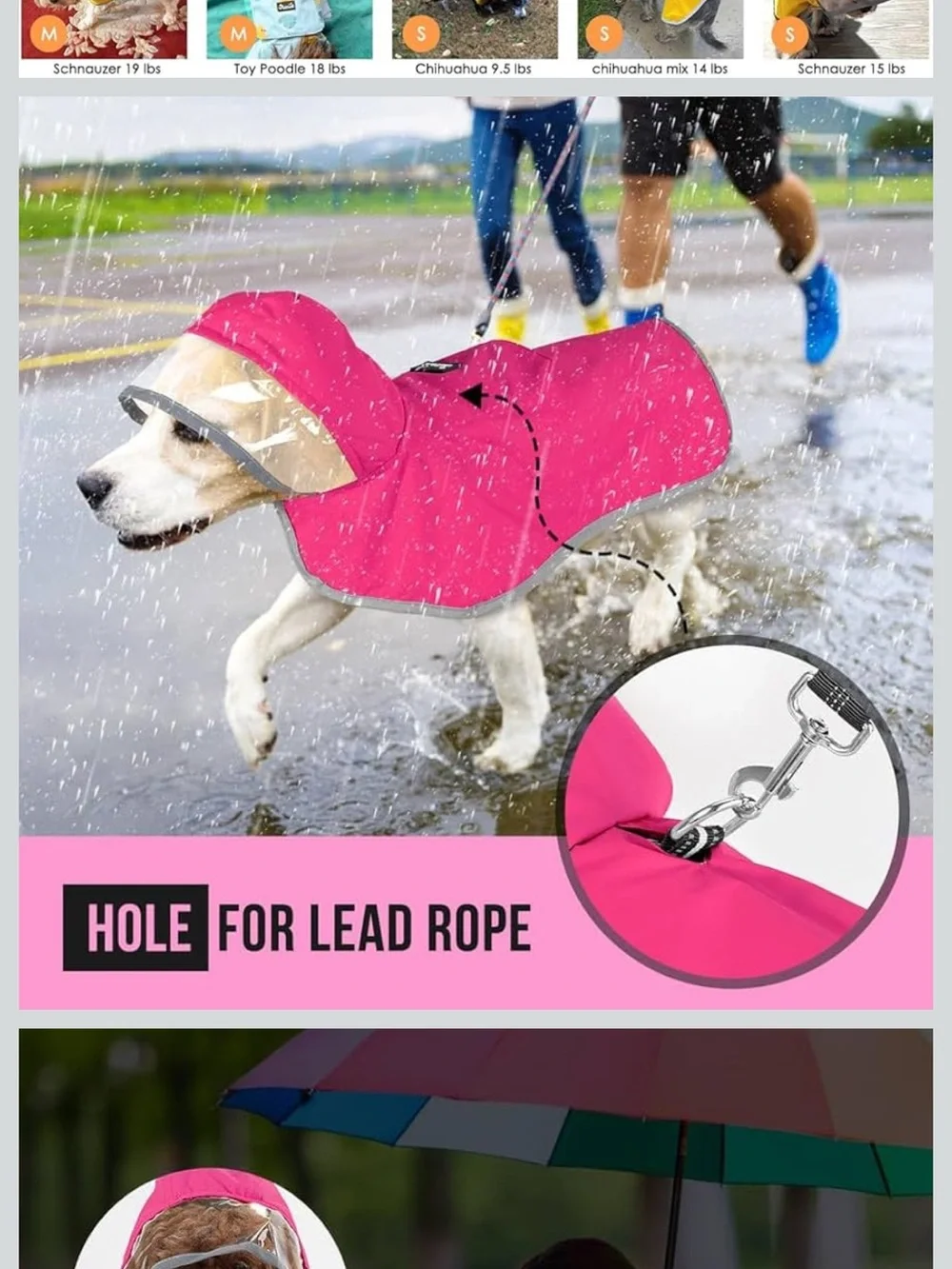 Waterproof Pink Dog Raincoat with Hood - Brand built in storage pocket